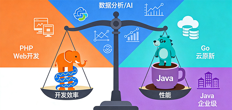 PHP/Go/Python/Java 后端语言全维度对比 | 2026技术选型指南